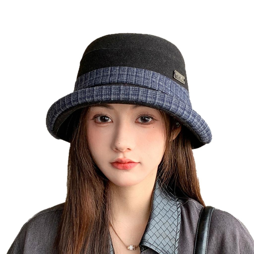 Retro plaid curled brim bucket hat women's autumn and winter thick fashion versatile sun hat shows a small face new basin hat