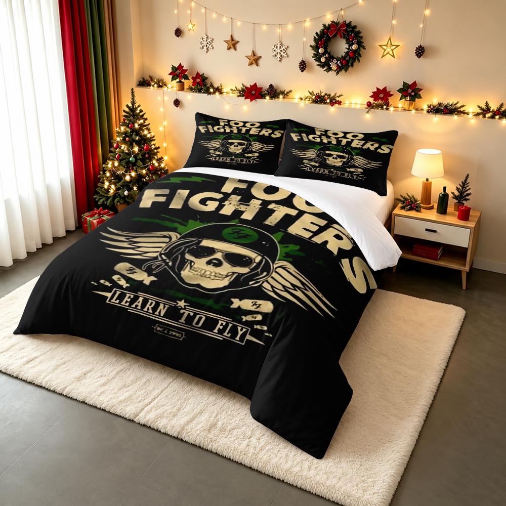 3 Piece Bedding Set with Duvet Cover and 2 Pillowcases - Foo Fighters Learn To Fly Skull Helmet Print - Black Cream Music Decor for Fans