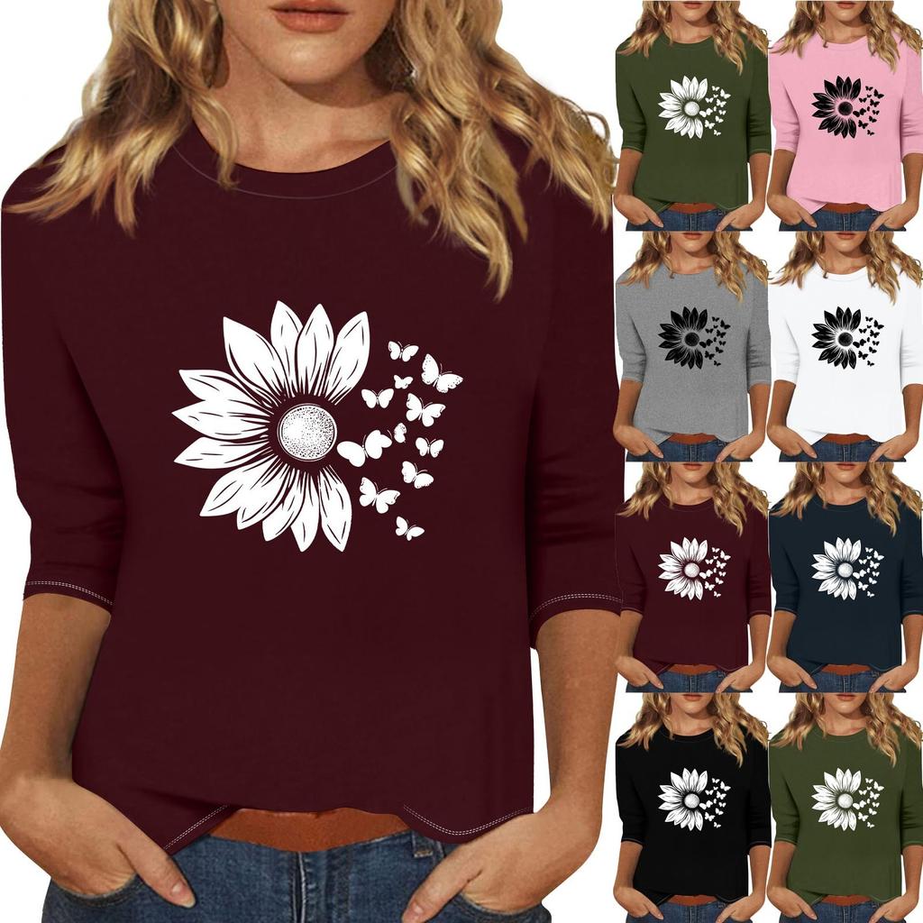 Women's Fashionable Casual Three Quarter Sleeve Printed Collar Pullover Top