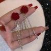Серьги-бантики из красной флокированной ткани, темпераментные серьги с длинными бахромой в виде сладких цветов