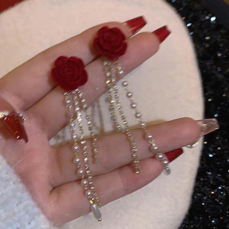 Серьги-бантики из красной флокированной ткани, темпераментные серьги с длинными бахромой в виде сладких цветов