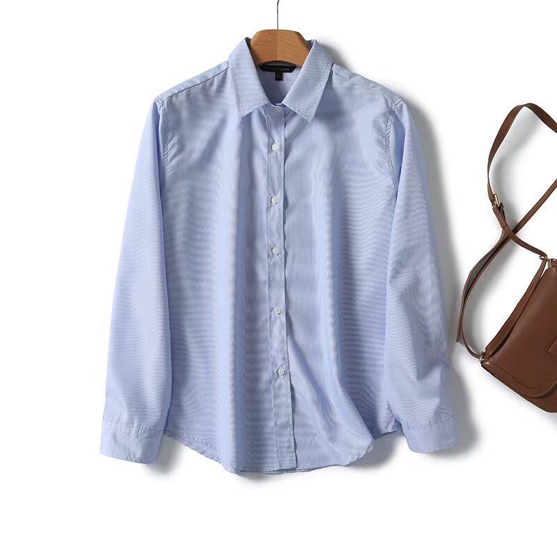 Spring 2025 Women's Versatile Pinstripe Shirt - Comfy, Loose Fit with Turn-Down Collar and Long Sleeves