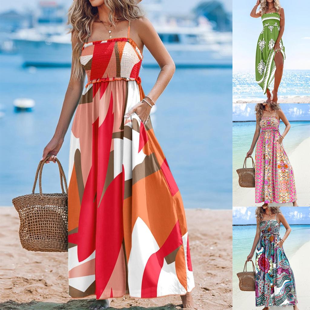 A New Summer Fashion Printed Halter, Backless and Strapless Long Dress for Women