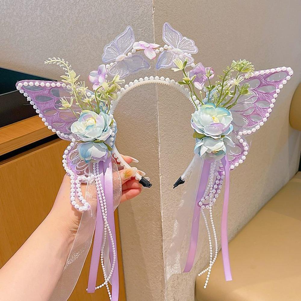 Mesh Big Butterfly Wing Hairpins Sweet Elf Ear Headband Lovely Flower Headband Kids Gift