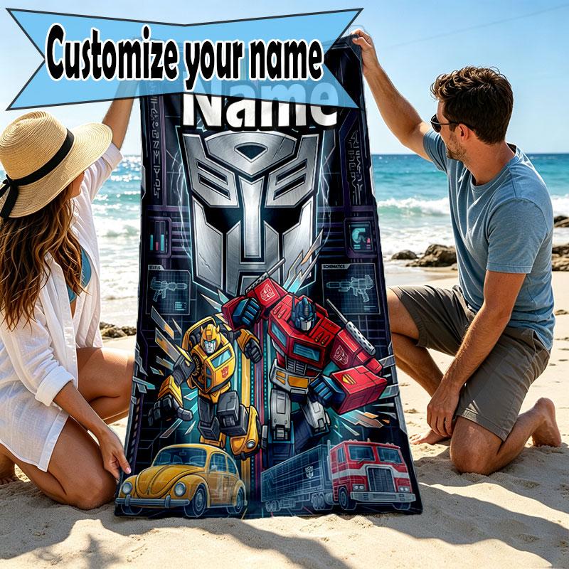 Custom Name Personalized Transformers Print Beach Towel, for Trip Camping Beach Party Home Decor, Birthday Gift for Family & Friends