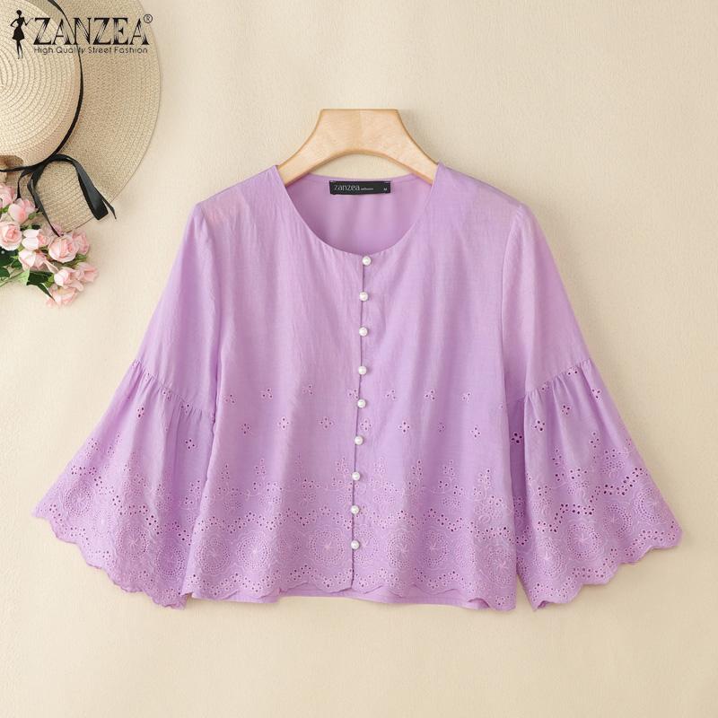 ZANZEA Женская повседневная блузка с круглым вырезом и рукавом 3/4 с вышивкой