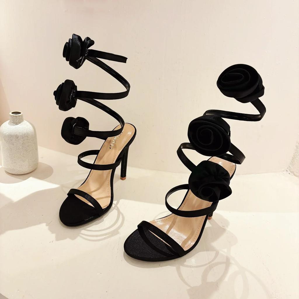 Роскошные дизайнерские босоножки с цветочным принтом для женщин 2024 года, летние босоножки на тонком высоком каблуке с обхватом щиколотки, женские элегантные сексуальные туфли-лодочки для женщин на шпильках