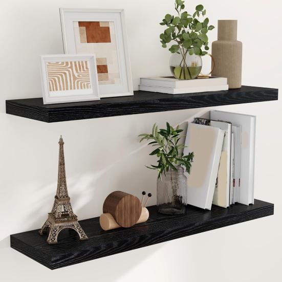 2Pcs/Set Wooden Floating Shelves Wall Mounted Storage Display Shelves Rustic Floating Wall Shelves for Bathroom Bedroom Living Room Kitchen Decor