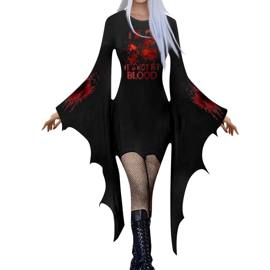 Женская мода готический панк летучая мышь рукава Хэллоуин принт нестандартное вечернее платье