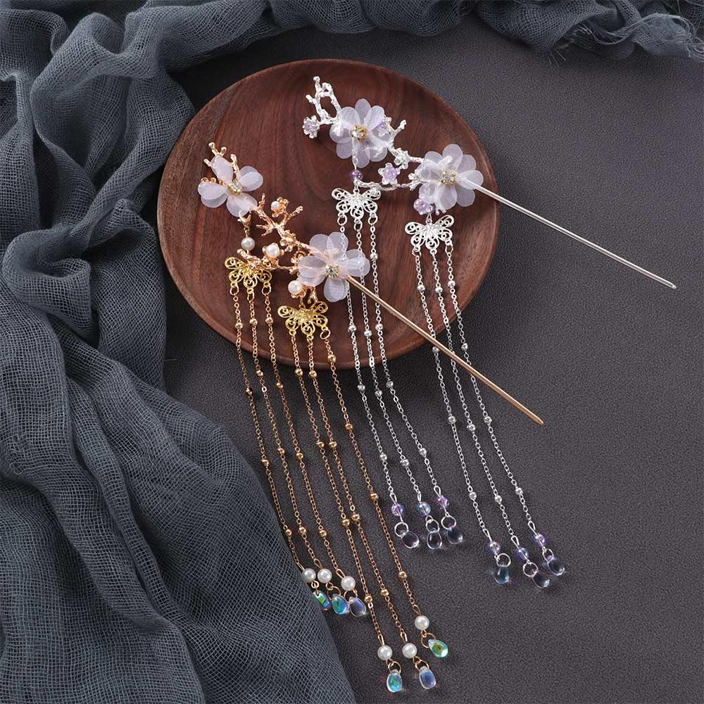 Бусины-бабочки Стразы Вилка для волос с кисточкой Заколка для волос Аксессуары для волос Ханфу Цветочные палочки для волос
