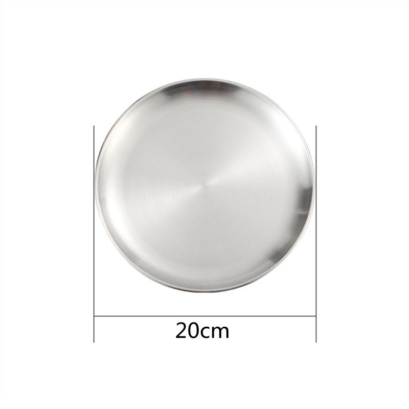 Round Stainless Steel Dinner Plates Flat Insulated Thick BBQ Shallow Dishes Western Steak Cake Fruit Tray Kitchen Accessories