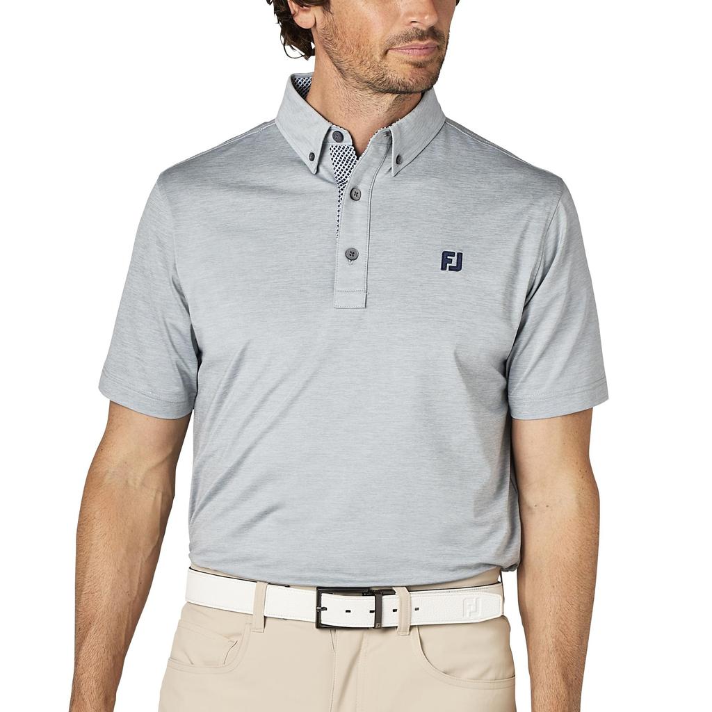 FootJoy Men's Heather Print Short Sleeve Button-Down Golf Shirt, Gray, Size M (FJ-S25-S17, 34540-M)
