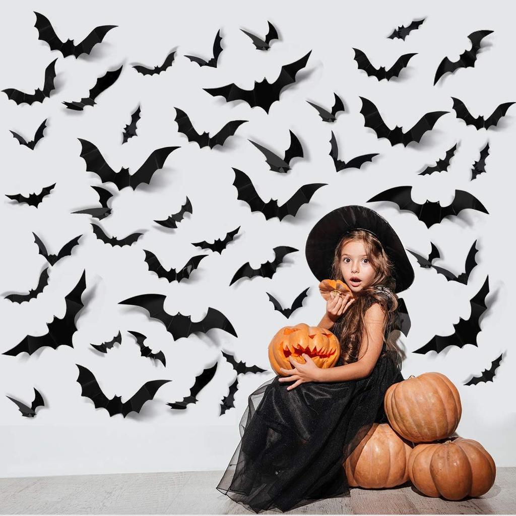120Pcs 3D Bat Halloween Decoration Stickers for Home Decor 4 Size Waterproof Black Spooky Bats for Room Decals