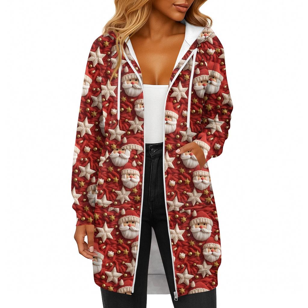 Women's Fashionable Christmas Printed Long Sleeved Drawstring Hooded Zipper Pocket Long Casual Sweatshirt Jacket