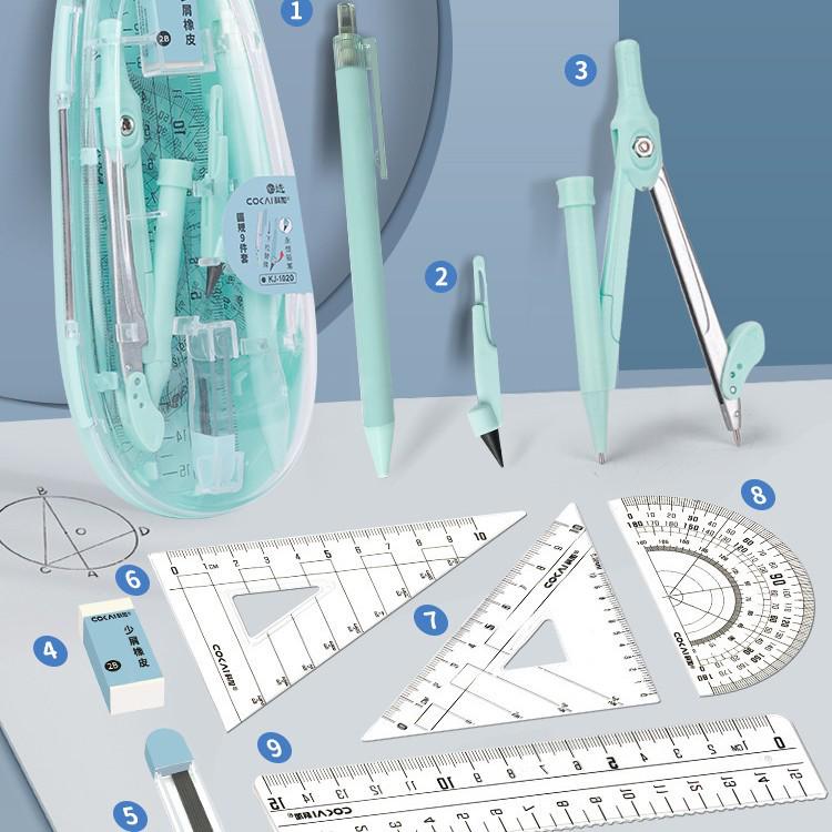 Набор геометрии из 9 предметов для школы: Компас, Транспортир, Линейка, Угольник и другое