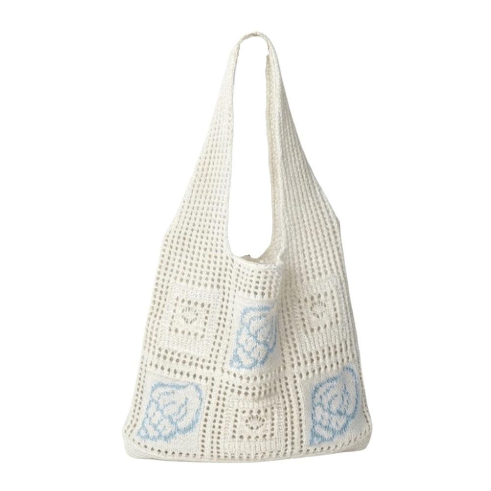 Large Capacity Crochet Tote Bag Solid Color Knitting Handbag Fashion Woven Shoulder Bag  Beach