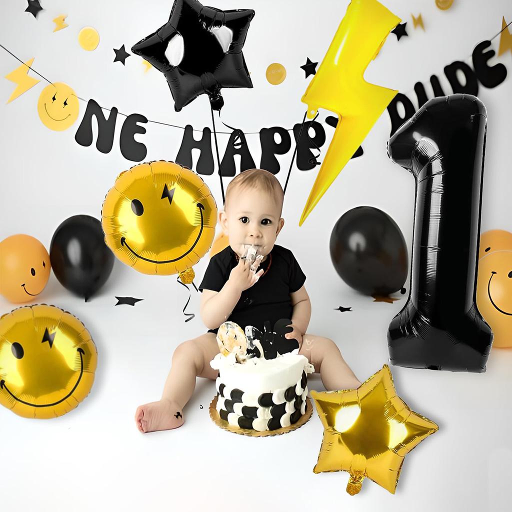 8Pcs One Happy Dude Birthday Decorations Black One Lightning Bolt Eyes Balloon for One Happy Dude Birthday Decor Aluminum Foil Helium Balloons