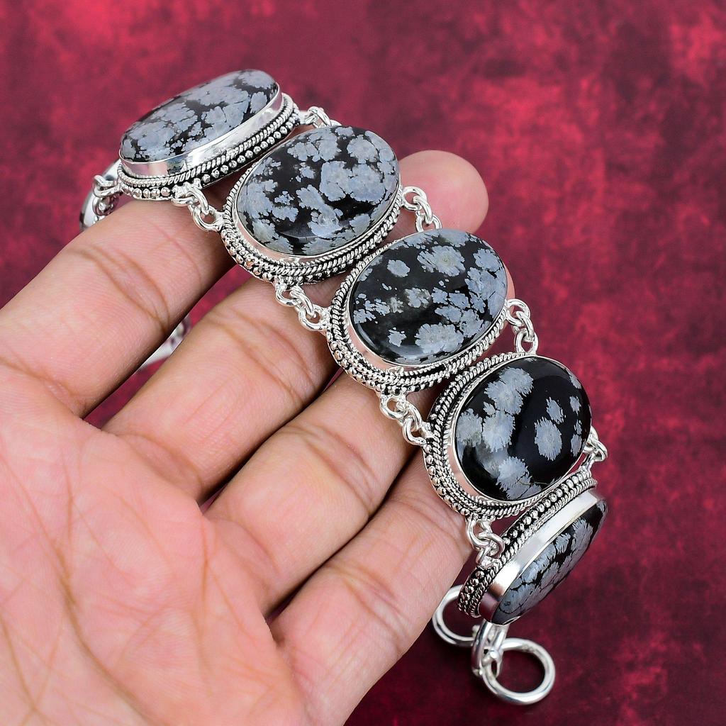 Snowflake Obsidian Handmade Jewelry Set, 925 Solid Sterling Silver Jewelry, Beauteous Unique Design Bracelet & Necklace Set For Her