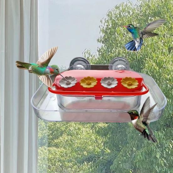 Window Hummingbird Feeder Plastic Birds Feeding Tray with 4 Feeding Ports Strong Suction Cup Hummingbird Feeder for Outdoors