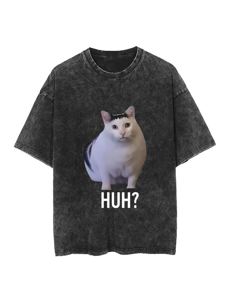 Style Cotton T-Shirt, Crew Neck, Regular Length, Animal Pattern, Knit Fabric, with Vintage Washed Distressed Design,