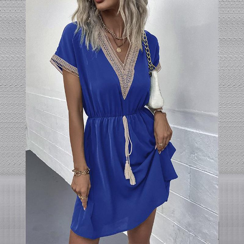 Spring V-Neck Smocked Dress - Lace Trim Short Sleeve Solid