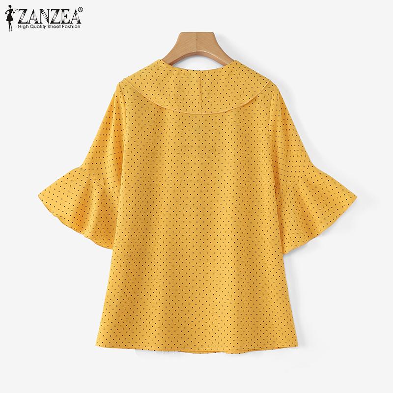ZANZEA Женская летняя повседневная блузка с воротником-куколкой и коротким рукавом в горошек