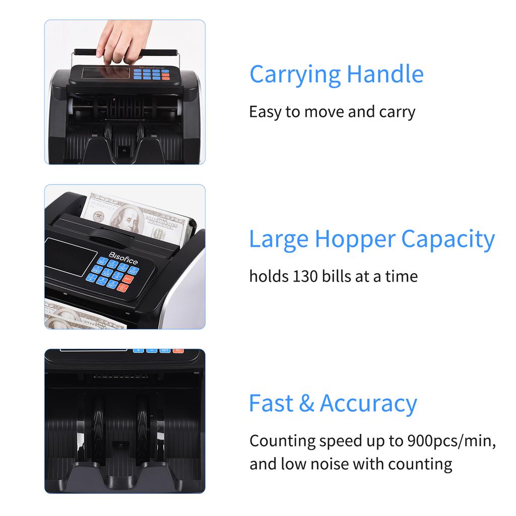Bisofice Money Counter Machine Counterfeit Bill Detector Automatic Money Detection Top Loading Bill