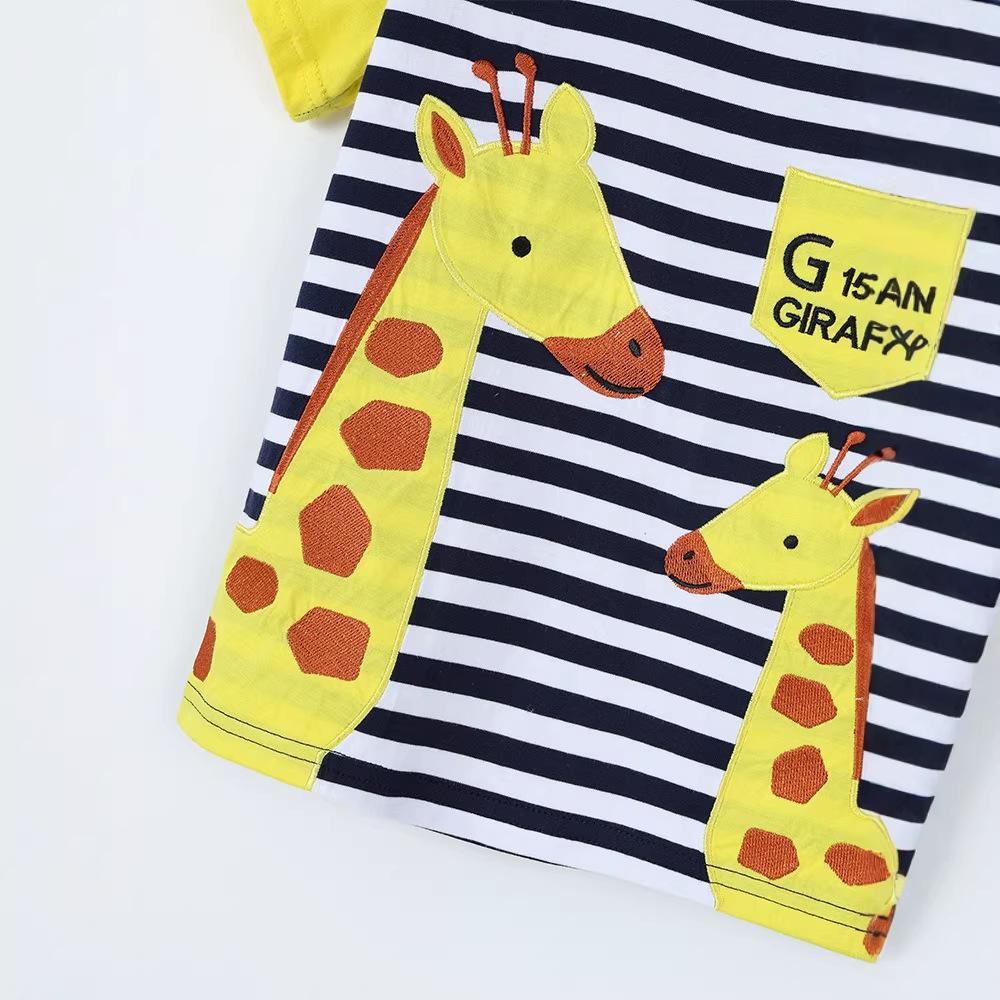 Boys' short-sleeved T-shirt: stylish giraffe-embroidered children's crew-neck T-shirt