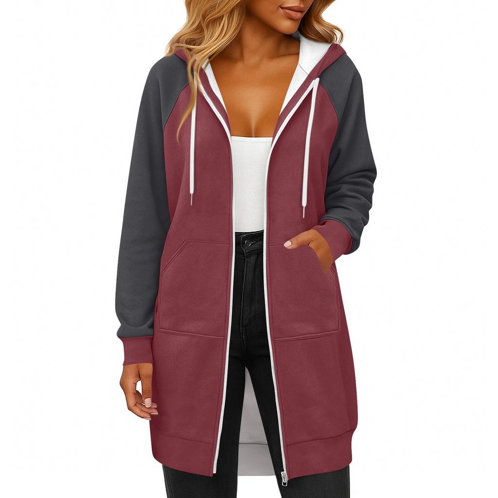 Women's Fashionable Color Blocked Long Sleeved Drawstring Hooded Zipper Pocket Long Casual Sweatshirt Jacket