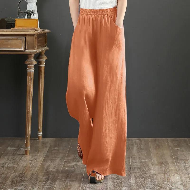 Винтажные свободные хлопковые льняные брюки большого размера с эластичной резинкой на талии, широкие брюки, женские весенне-летние однотонные дышащие повседневные брюки