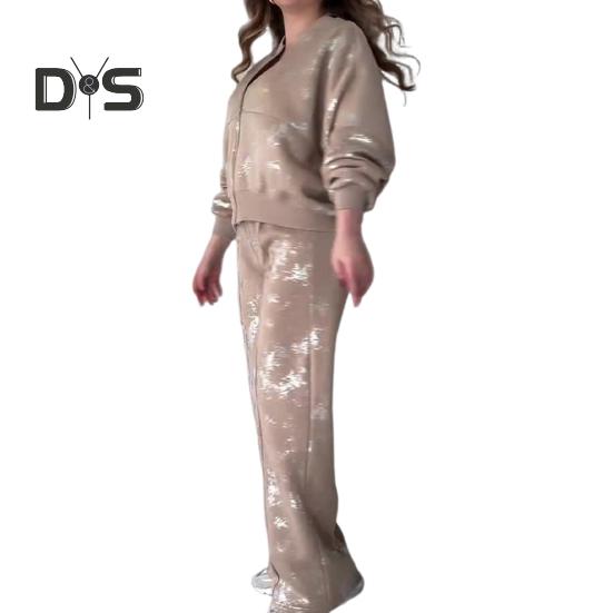 2 шт./компл. женский костюм с воротником-стойкой на молнии с длинными рукавами эластичные манжеты с блестками пальто с эластичной резинкой на талии толстые широкие брюки осенне-зимний спортивный костюм