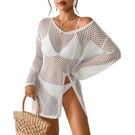 Женская пляжная накидка с V-образным вырезом и длинным рукавом, боковыми разрезами, защита от солнца. Свободный крой, прозрачное прикрывающее платье