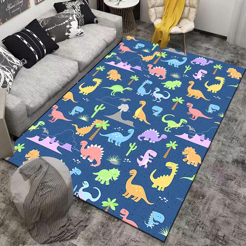 Kids Dinosaur Pattern Carpet with Colorful Animals and Blue Background Suitable for use as an anti-slip for living room bedroom sofas