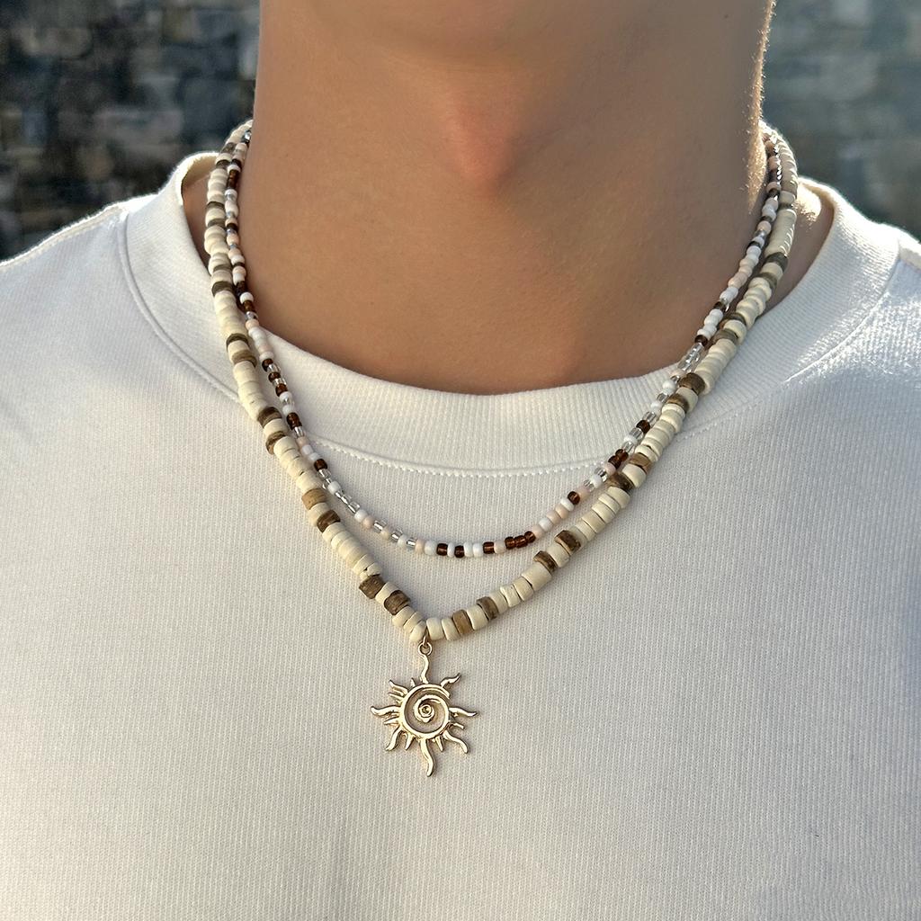 2pcs Boho Coconut Shell Wood Beads Necklaces Set for Women Men Vintage Sun Pendant Necklaces Summer Beach Party Jewelry Gifts