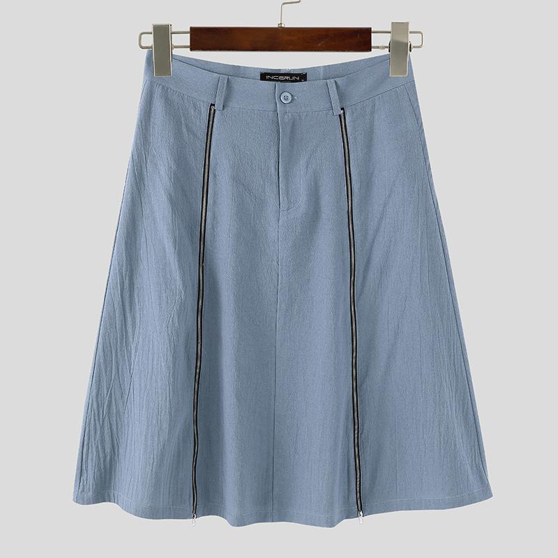 INCERUN Men High Waist Zip-up Long Skirts Casual A-line Splits Kilt