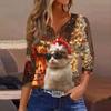 Women's Fashionable Casual Christmas Printed V-neck Three-quarter Sleeve Decorated Button Top