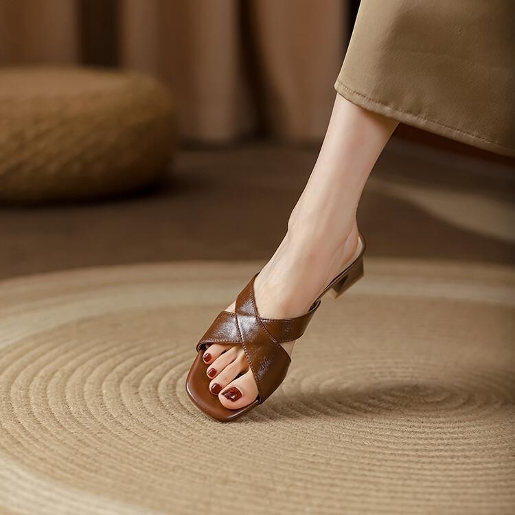 Французские нишевые ретро коричневые толстые каблуки среднего каблука внешние тапочки женские ленивые слова сандалии muller обувь
