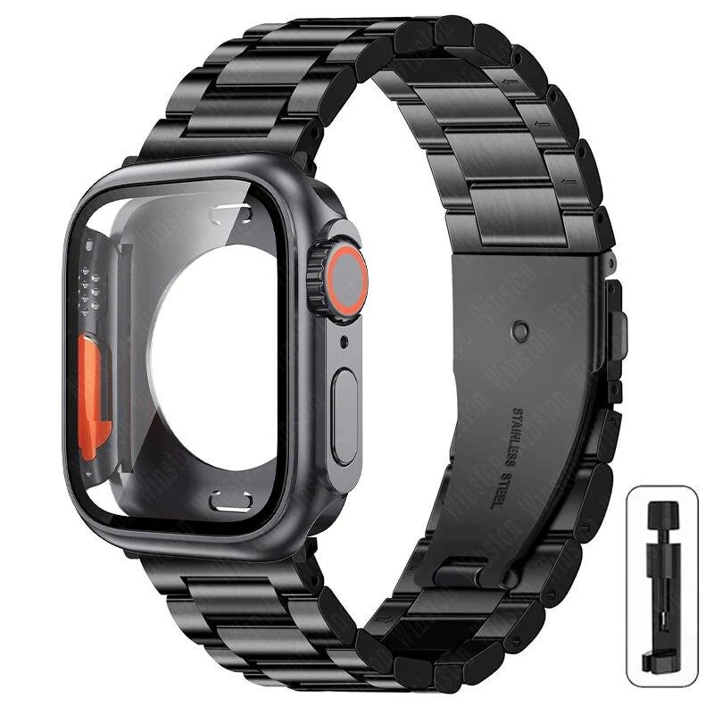 Ремешок+корпус из нержавеющей стали для Apple Watch 44мм 45мм 41мм 40мм Улучшенный ТПУ корпус Iwatch Series 9 8 7 6 SE 5 4 Металлический браслет
