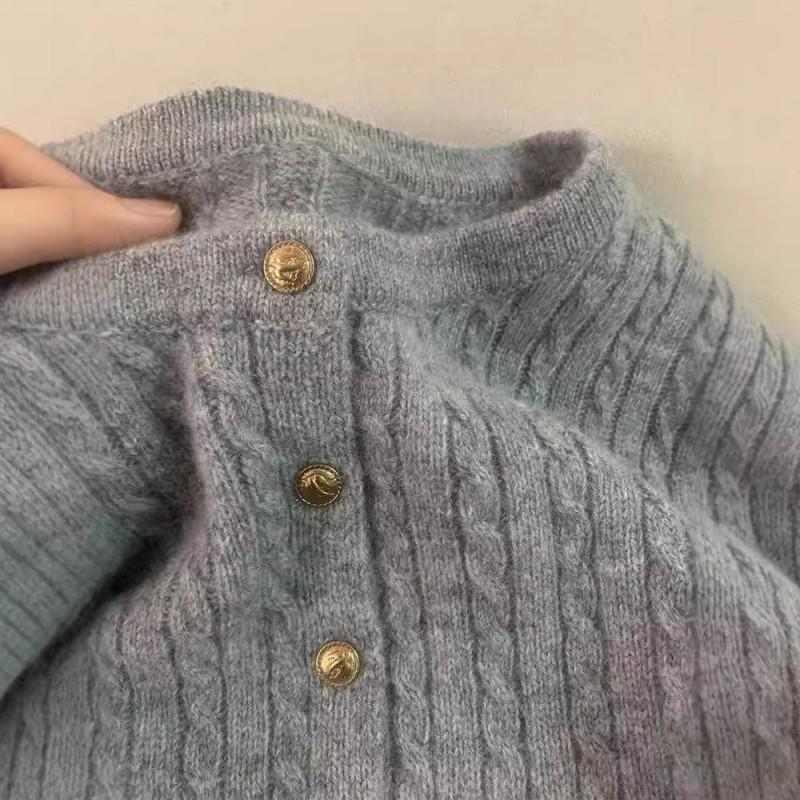 100% Wool Cable Knit Round Neck Cardigan Women Loose Fit Casual Elegant Winter Outerwear