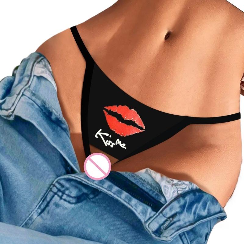 Sexy Lady Temptation Crotchless Panties Crotch Open Thong Funny Letter Print Brief Intimates Lingerie Kiss Me Roleplay NightwearGood product