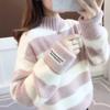 2023 Winter Thick Mink Fleece Stripe Sweater Women 4 Color Pullover Short Jumper Ladies Long Sleeve Half High Collar Tops Female