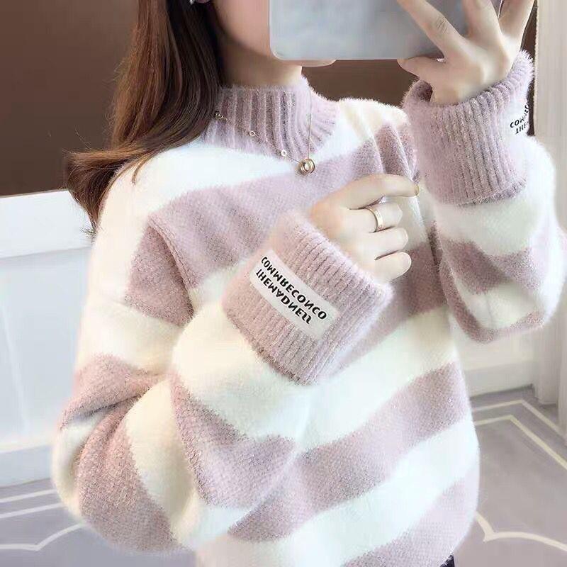 2023 Winter Thick Mink Fleece Stripe Sweater Women 4 Color Pullover Short Jumper Ladies Long Sleeve Half High Collar Tops Female