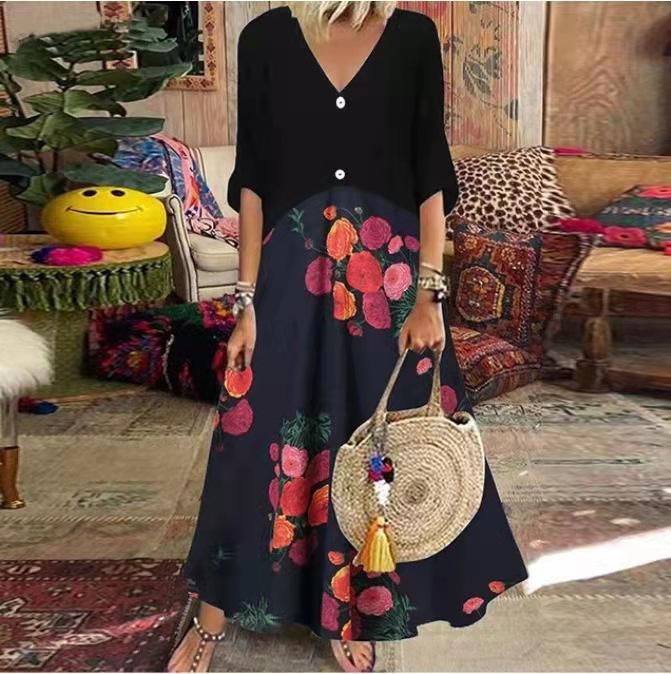 Women's Vintage Print Casual Summer Short Sleeve V-neck Thin Cotton Dresses
