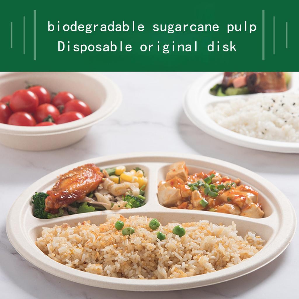 Одноразовые обеденные тарелки, Утолщенная посуда пищевого класса, Круглые тарелки для закусок, Тарелки для барбекю, Бумажные тарелки для шведского стола, Бумажные тарелки с тремя отделениями