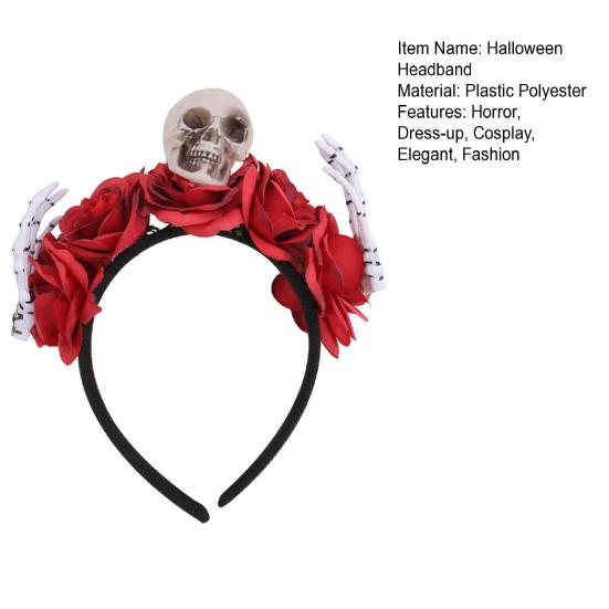 Halloween Flower Headband for Women Gothic Rose Skull Skeleton Hand Headpiece Floral Cosplay Dress-up Accessory for Halloween Parties Events