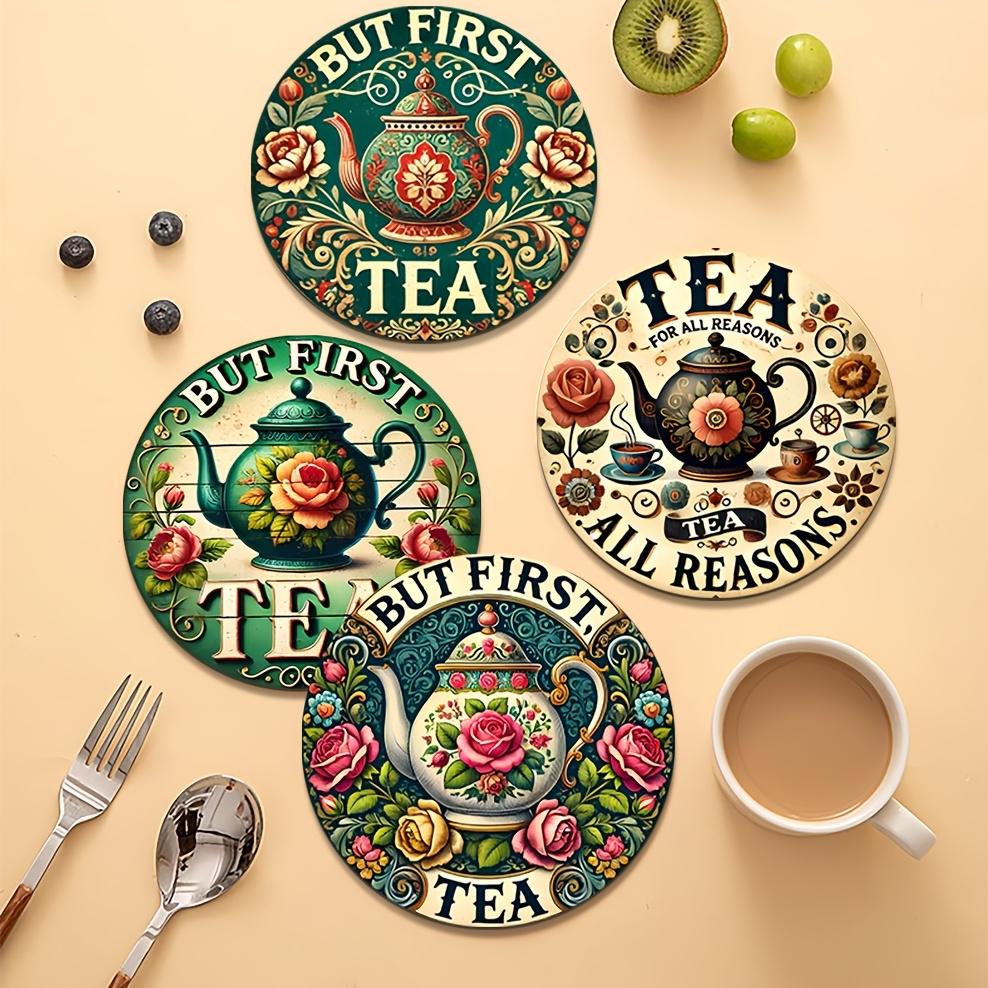 6 PCS 2D Wooden Mugs Colorful Flower Teapot Patterns Theme Desktop Insulation Mats Home Decor Coffee Cup Coasters Office