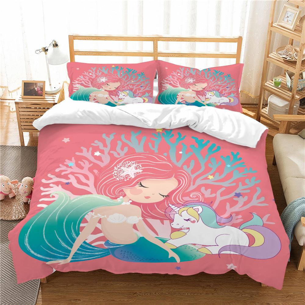 Mermaid Bedding 3D Girl Princess Room Duvet Cover Pillowcase 2/3pcs Single/double Bed Full-size Home Textile Girl Woman Gift
