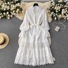 Spring Autumn Hollow Out Lace Patchwork Loose Holiday Seaside Dress Women's V Neck Long Flare Sleeve Belt Solid Color Party Dresses
