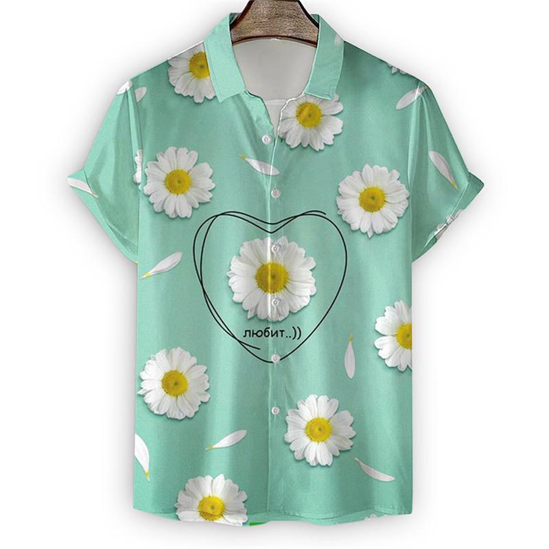New Daisy Flowers Shirt For Men 3d Print Short Sleeve T Shirt Tops Summer Fashion Harajuku Button Shirts Street Lapel Blouse