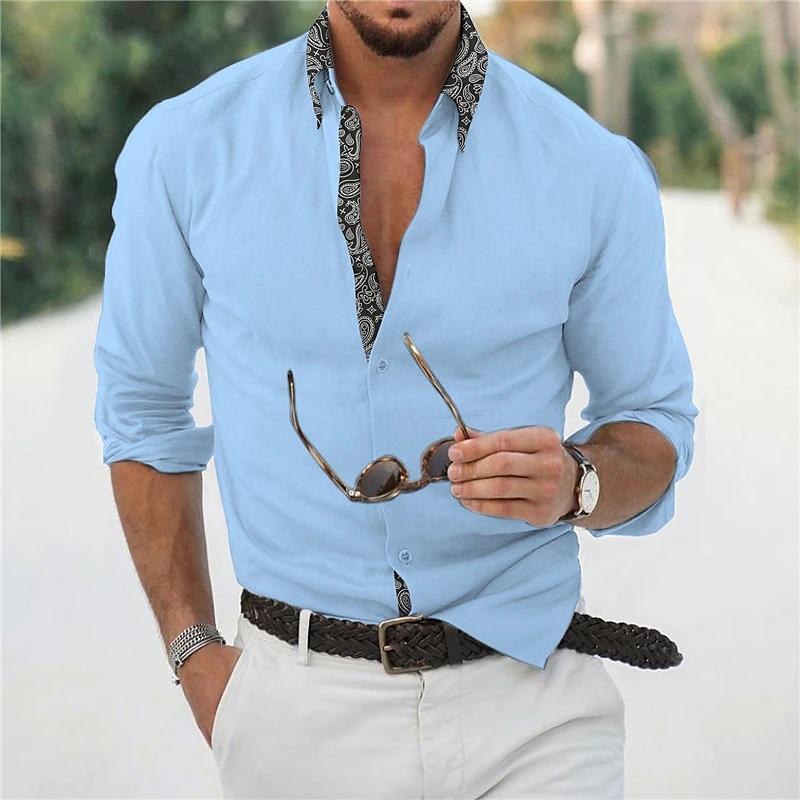 Men's Top Long Sleeve Color Matching Lapel Shirt Youth Home Man Grey Blue Fashion Loose Fit Large Size Linen Shirts